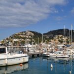 Jachthaven met afgemeerde boten en palmbomen aan de kust van Mallorca